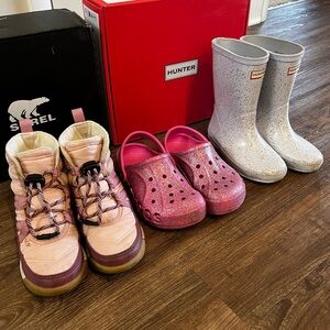 Hunter size 11 Crocs size 13 Sorel size 13 kids shoes.